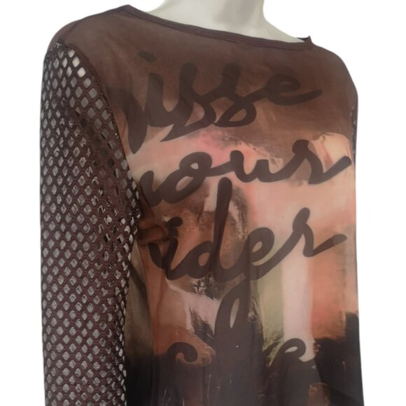 Long Net Sleeves Print Crop Top Brown M/L - Picture 5 of 7